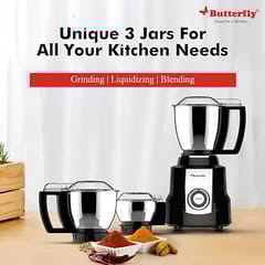 Butterfly Magnum 1.2 Hp Mixer Grinder 3 Jar, 900 Watt, Black