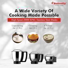 Butterfly Magnum 1.2 Hp Mixer Grinder 3 Jar, 900 Watt, Black