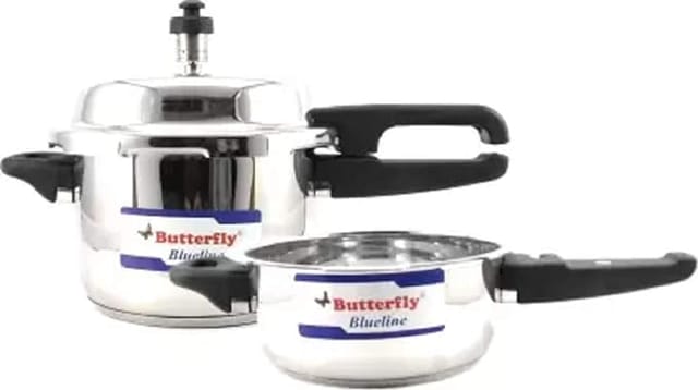 Butterfly Blueline 3 L, 2 L Induction Bottom Outer Lid Pressure Cooker & Pressure Pan (Stainless Steel), 3 liter