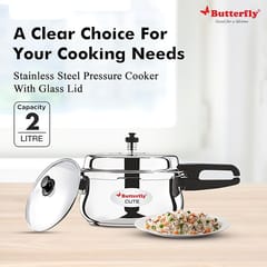 Butterfly Cute Ss Induction Compatible Outer Lid Stainless Steel Pressure Cooker With Glass Lid 2 liter, Silver