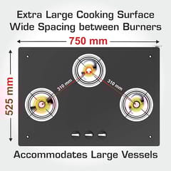 Vidiem Gas Stove G3 206 A Edge Pro (Black) | 3 Burner Gas Stove | Manual Ignition | 8mm Toughened Glass Top Gas Stove