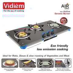 Vidiem Gas Stove G3 140 A Air Oro (Blue) | 3 Burner Gas Stove Frameless | Manual Ignition | 8Mm Toughened Glass Top Gas Stove