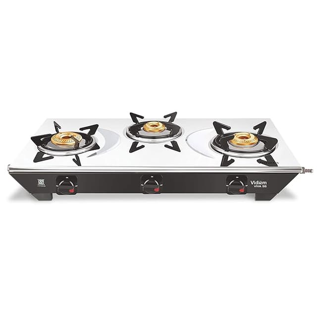 Vidiem Gas Stove S3 179 A Viva (Silver & Black) | 3 Burner Stainless Steel | ISI Certified | Manual Ignition