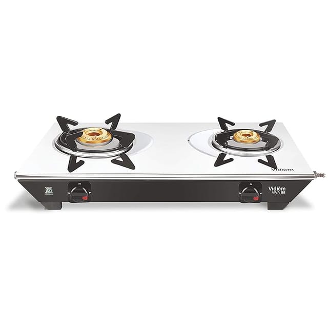 Vidiem Gas Stove SS2 196 A Viva (Silver & Black) | 2 Burner Stainless Steel | ISI Certified | Manual Ignition