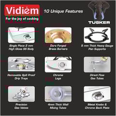 Vidiem Gas Stove S3 225 A Tusker (Silver) | Stainless Steel 3 Burner Gas Stove | Manual Ignition | Safety, Reliability, High Efficiency