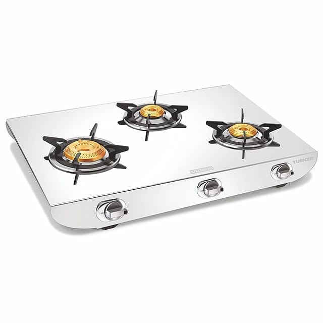 Vidiem Gas Stove S3 225 A Tusker (Silver) | Stainless Steel 3 Burner Gas Stove | Manual Ignition | Safety, Reliability, High Efficiency