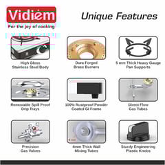 Vidiem Gas Stove S3 213 A SLEEK (Black) | Stainless Steel 3 Burner Gas Stove | Manual Ignition | Safety, Reliability, High Efficiency