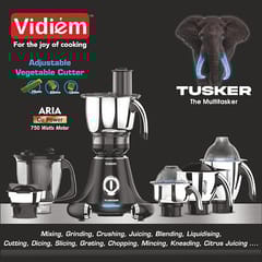 Vidiem Mixer Grinder 608 A Tusker | Mixer grinder 750 watt with 3 Jars & 1 Juicer Mixer Grinder, 1 Multi chef | 4 Leakproof Jars with self-lock for wet & dry spices, chutneys