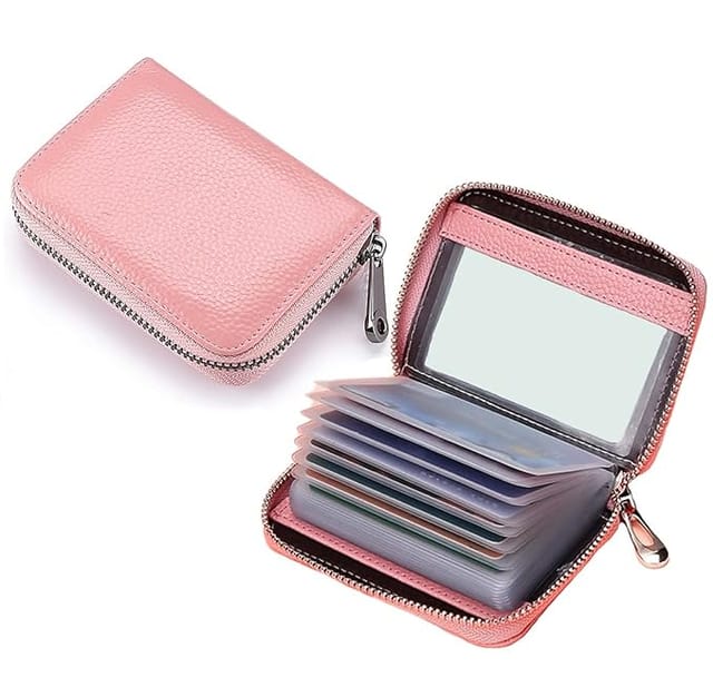 wolpin 20 Slots Leather Credit Card Holder Wallet for Men & Women with Zip Closure Leatherette Business Card Holder ID/Visiting/Debit/Credit Card Holder Case Card (Pink)