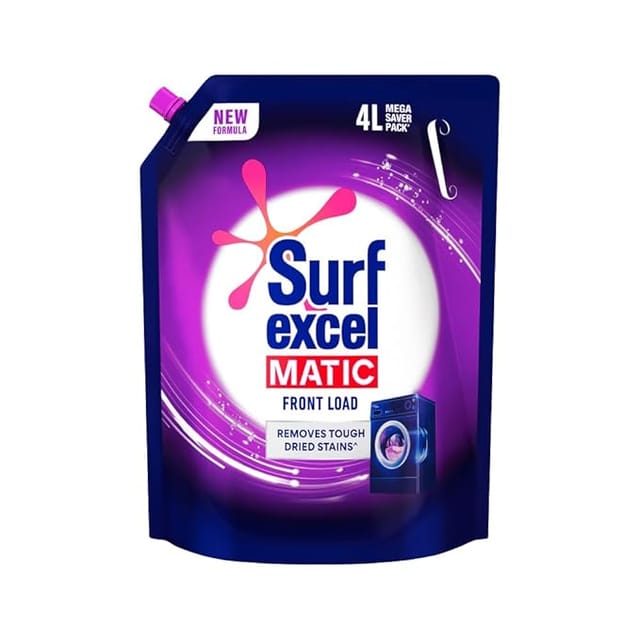 Surf Excel Matic Front Load Liquid Detergent 4L Refill Pouch, Designed for Tough Stain Removal on Laundry in Washing Machines - Mega Saver Pack