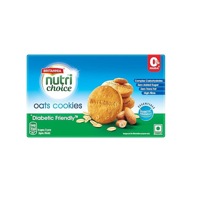Britannia NutriChoice Oats Cookies | Diabetic Friendly, Zero Added Sugar & 0% Maida, 150 grams
