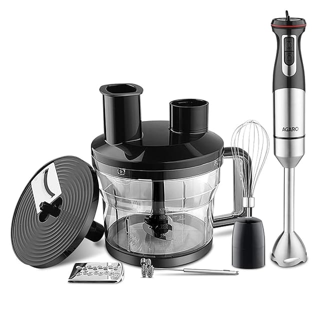AGARO Grand Plus 6 in 1 Hand Blender 1000W, 100% Copper Motor, 2 Variable Speed Modes & Speed Regulator, Stainless Steel Blades, Chopper,Whisker,Multipurpose Jar, frother, slicer, shredder, Black