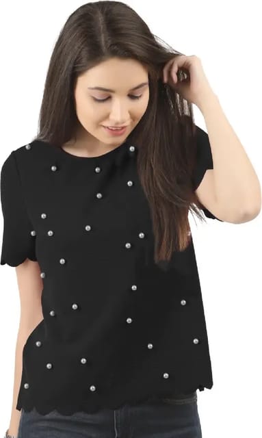 Casual Regular Sleeves Embellished Women Black Top