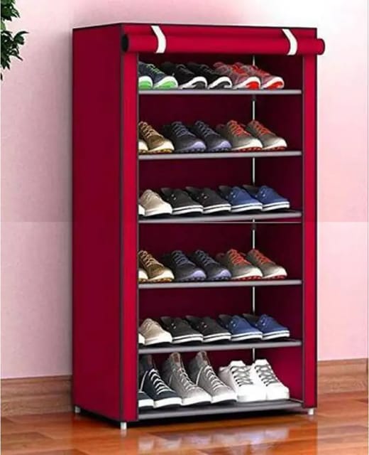 ZENVEXYO Plastic Collapsible Shoe Stand  (Maroon, 6 Shelves, DIY(Do-It-Yourself))