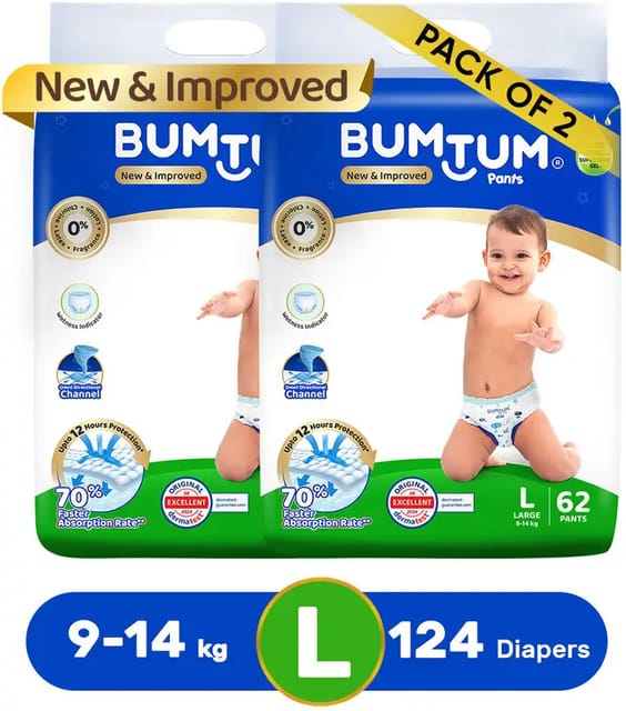 BUMTUM Baby Diaper Pants Double Layer Leakage Protection High Absorb Technology - L  (124 Pieces)