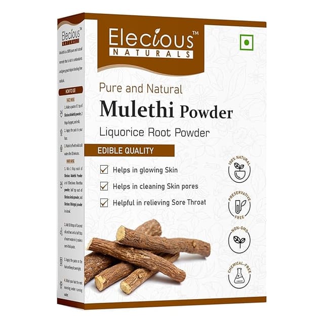 Elecious Mulethi Powder For Face, Hair, Eating (200 Grams) | Yashtimadhu, Liquorice (Licorice) Powder for Skin |Edible|Hair and Skin care | Natural, Preservative-free