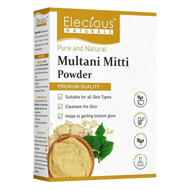 Elecious 100% Natural Multani Mitti powder for Exfoliating, Soothing, Nourishing, Smoothening Face, Skin and Hair Fuller's Earth, Bentonite Clay (200 Grams)