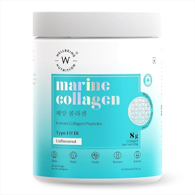 Wellbeing Nutrition Pure Korean Marine Collagen Peptides Supplement for Skin, Hair, Nails. Bone & Joint | Clinically Proven | High Absorption 8 gms Collagen | Unflavored, 200 gms