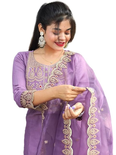 VredeVogel Women's Silk Blend Embroidered Kurta with Pant & Silk Chiffon Dupatta Set