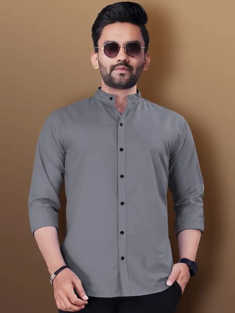 Men Regular Fit Solid Mandarin Collar Casual Shirt