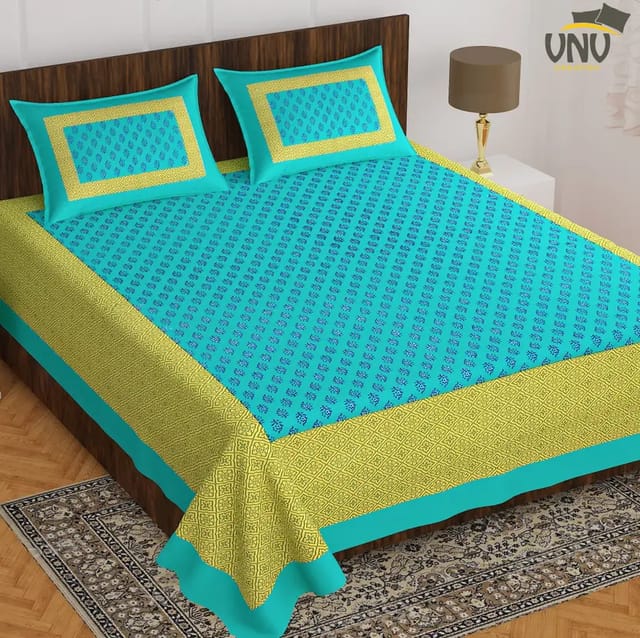 VNV Creation 144 TC Cotton Double Jaipuri Prints Flat Bedsheet  (Pack of 1, Blue, Green)