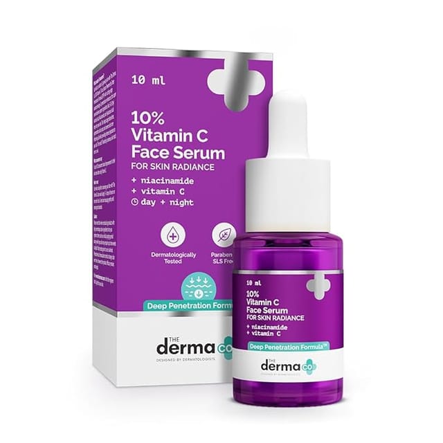 The Derma Co 10% Vitamin C Face Serum with 5% Niacinamide & Hyaluronic Acid - 10ml | Fades Dark Spots | Reduces Pigmentation | Boosts Collagen | Brightens Skin